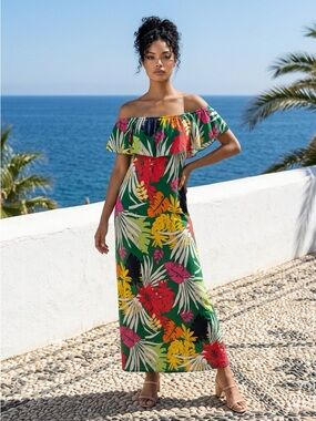 CameoTropical Off-Shoulder Maxi Dress in Green with Multicolor Floral Print